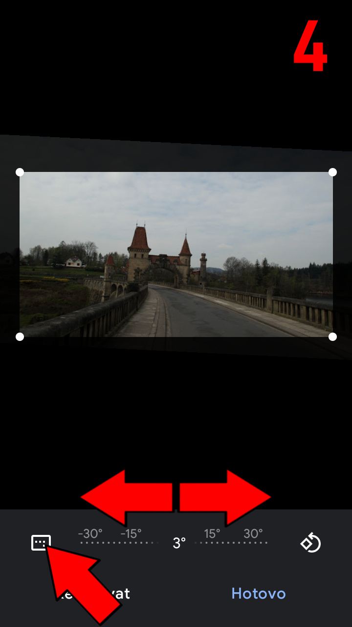 4) srovnejte horizont do vodorovn� polohy posunem �ipky vlevo/vpravo a potom klikn�te na ikonku "form�t o�ezu"